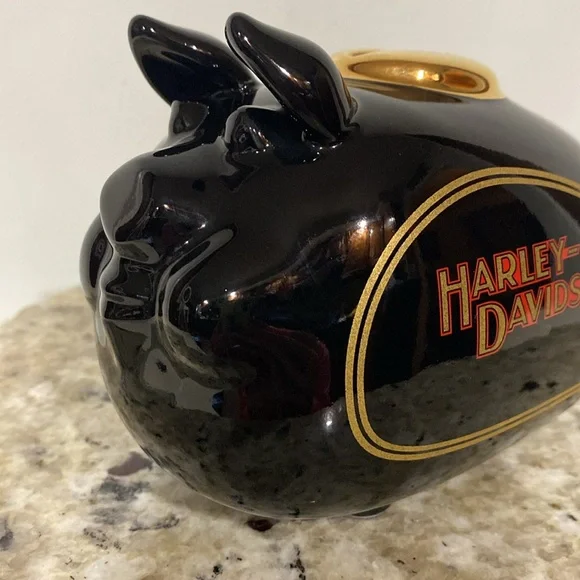 Vintage 2002 Harley Davidson High Shine Black Gold Road Hog Ceramic Piggy Bank - Picture 4 of 14